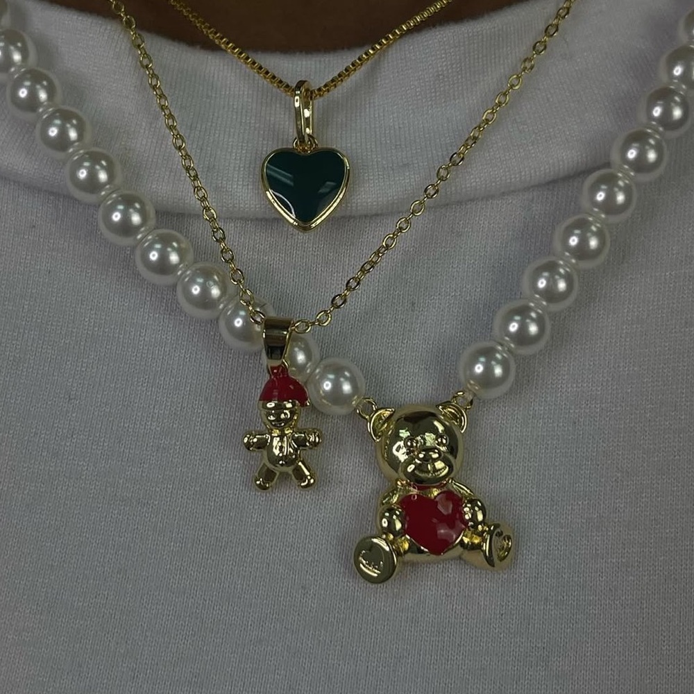 Gold Bear Necklace Pearl Chain